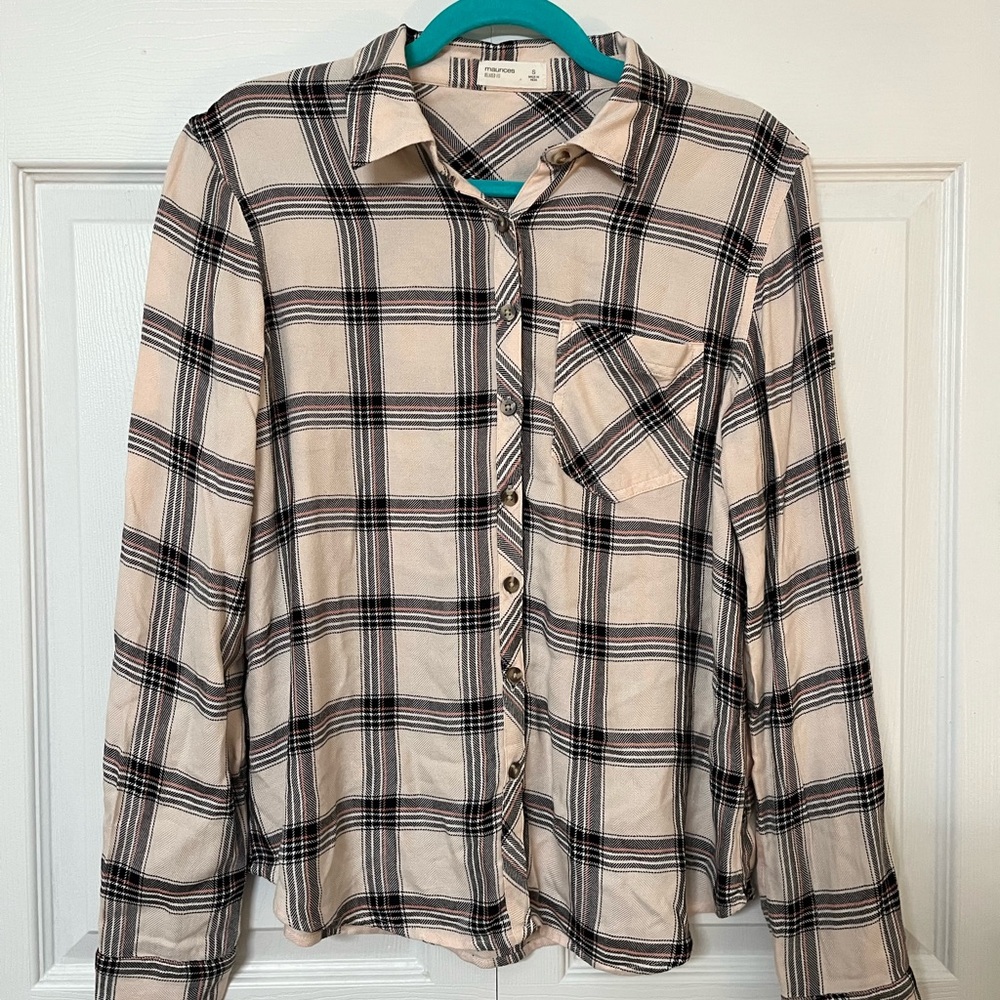 Maurices Cream and Black Plaid Button Down Shirt